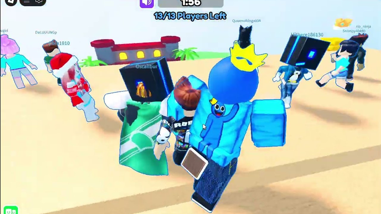 Chaos Jenga lobby on Roblox with players waiting, a round timer, and thirteen survivors still in the match