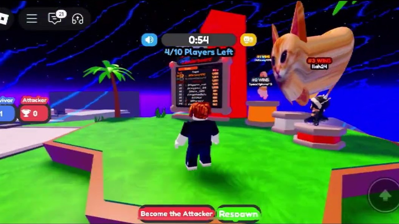 Chaos Jenga hub island showing the scoreboard, survivor versus attacker scores, timer, and Become the Attacker button